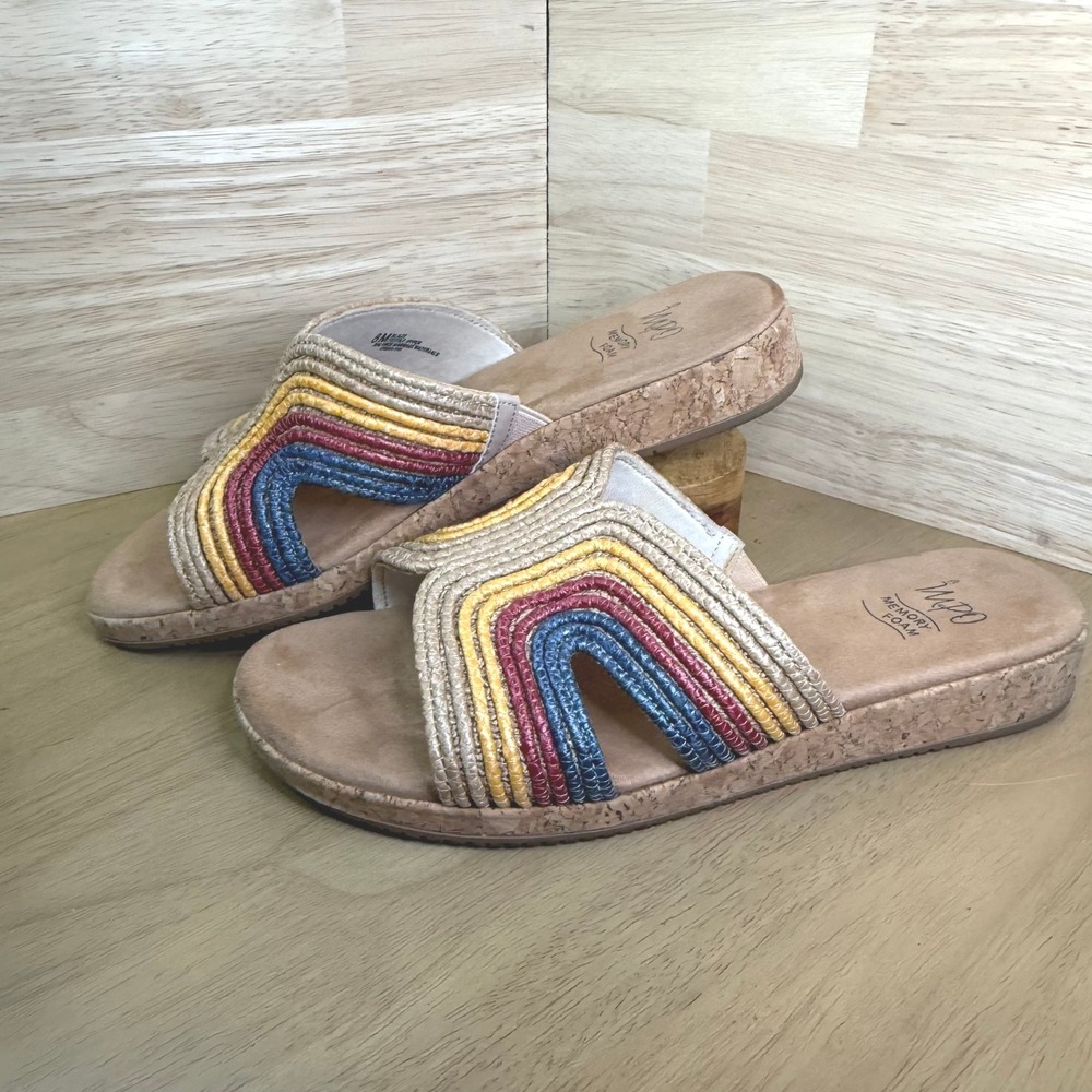 Impo Blaze Women's Slide Sandals Cork Wedge Rainbow Straps Memory Foam Size 8